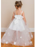 Beaded White Floral Tulle High Low Flower Girl Dress